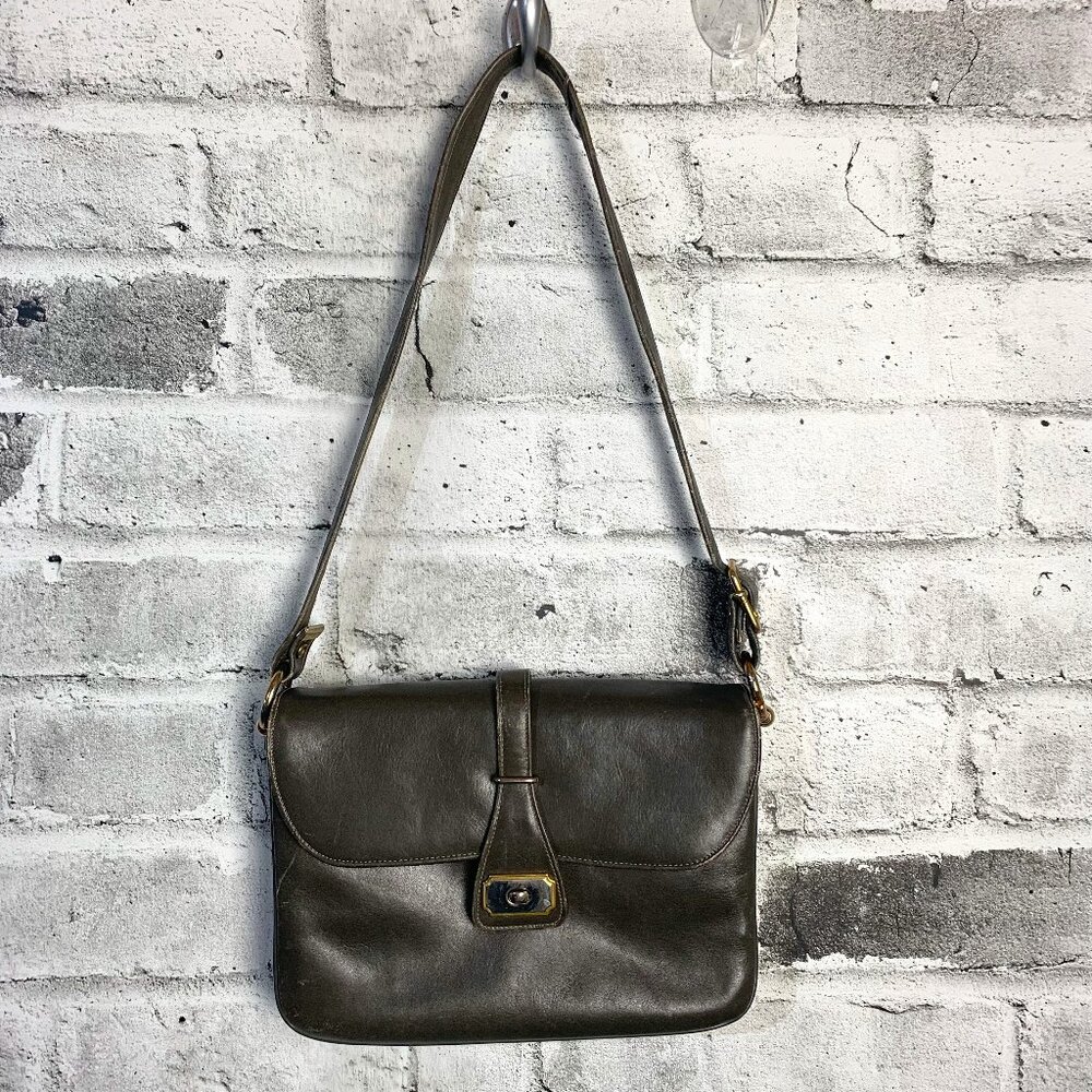 Vintage Chic de Paris Grey Green Leather Shoulder Bag Handbag Purse